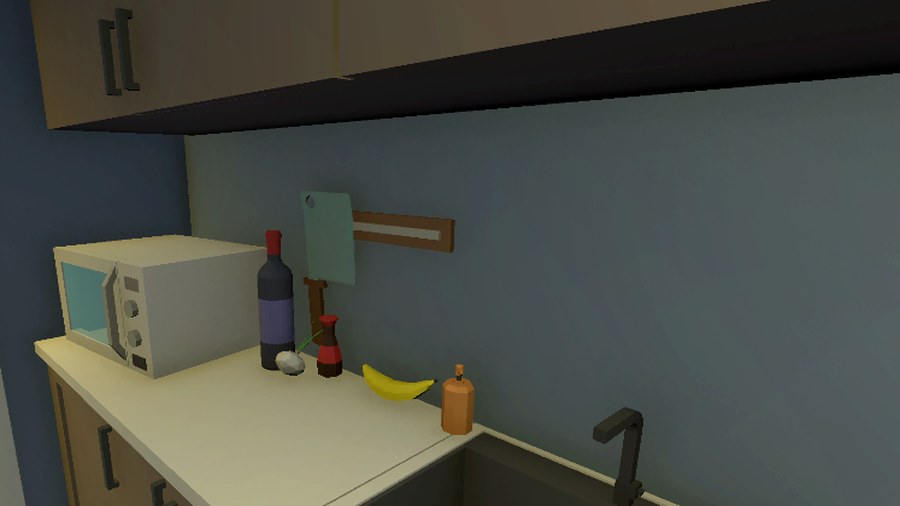 The same kitchen counter after one round: the magnetic strip is completely bare, the cutting board is gone and only one banana remains