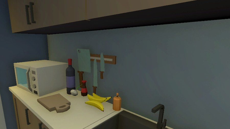 Kitchen counter before the round: three knives hanging on the wall-mounted magnetic strip, a cutting board on the counter and two bananas