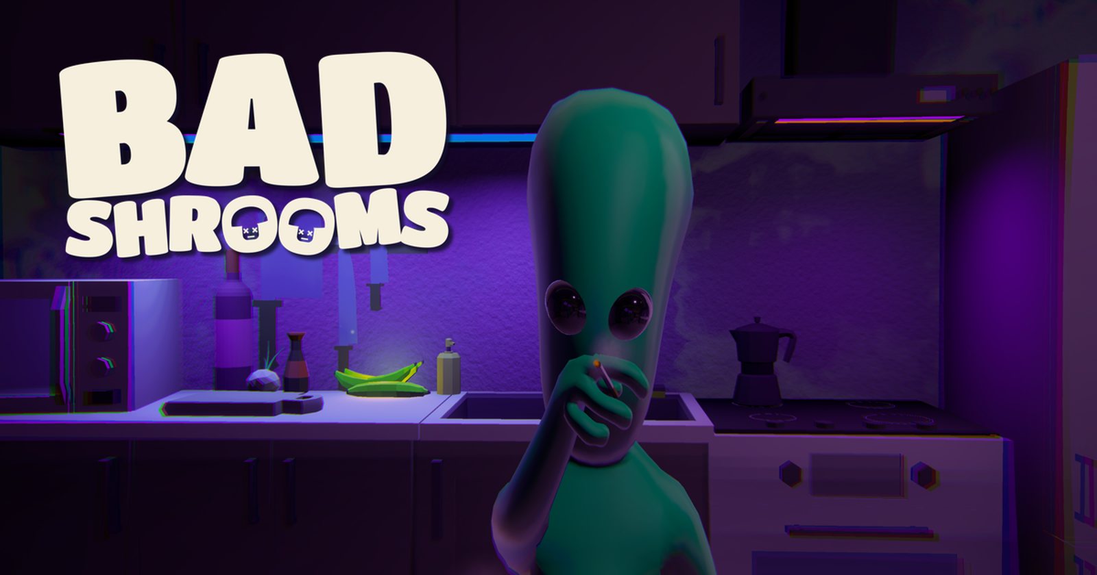 The Bad Shrooms wordmark over Zlorp, a green alien, leaning on a kitchen counter under purple light