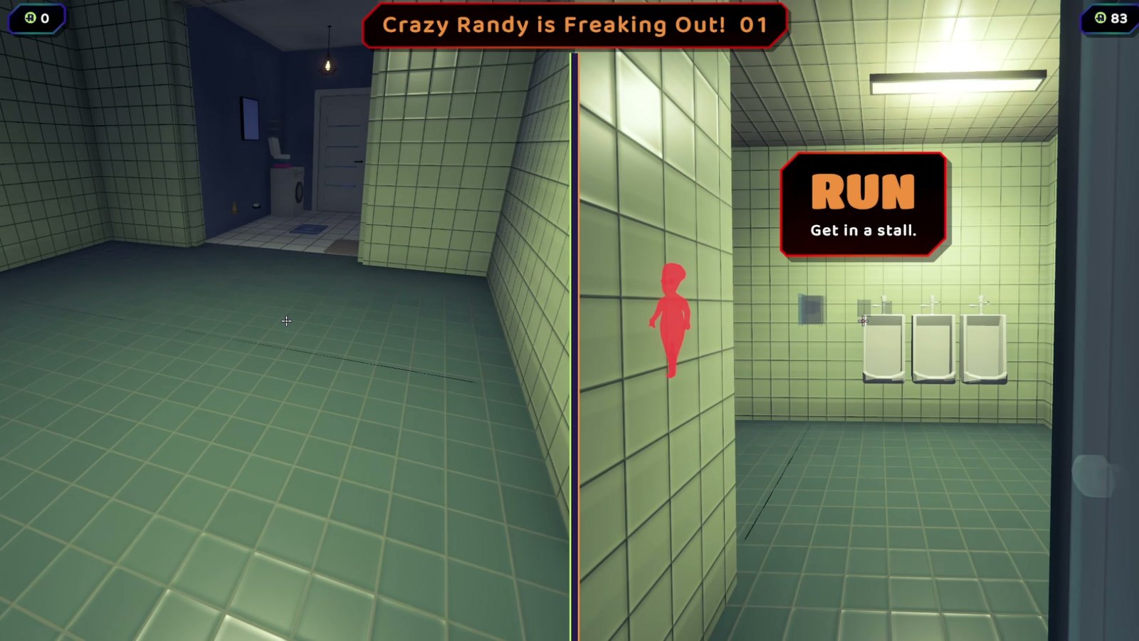 The Bathrooms in local split-screen: one player runs the corridor, the other sees x-ray Randy through the wall