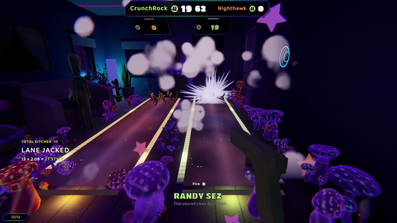 Monkey Bowls: pins explode through a LANE JACKED combo, score and style multiplier on screen