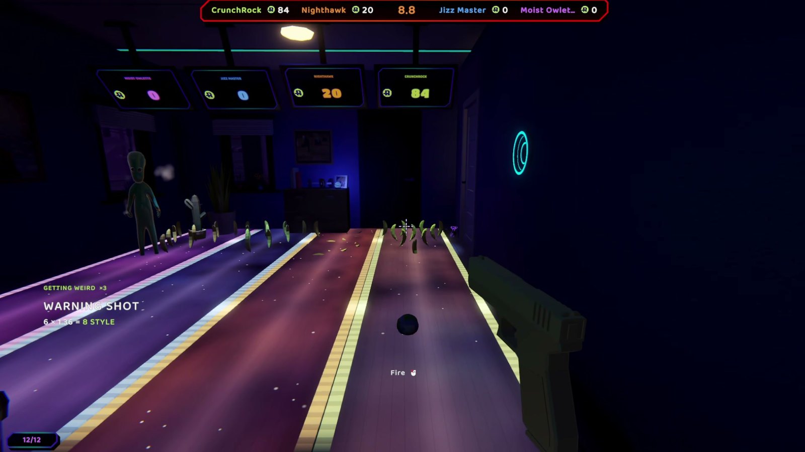 Four named players in Monkey Bowls, a ball halfway down the lane, WARNING SHOT on the board