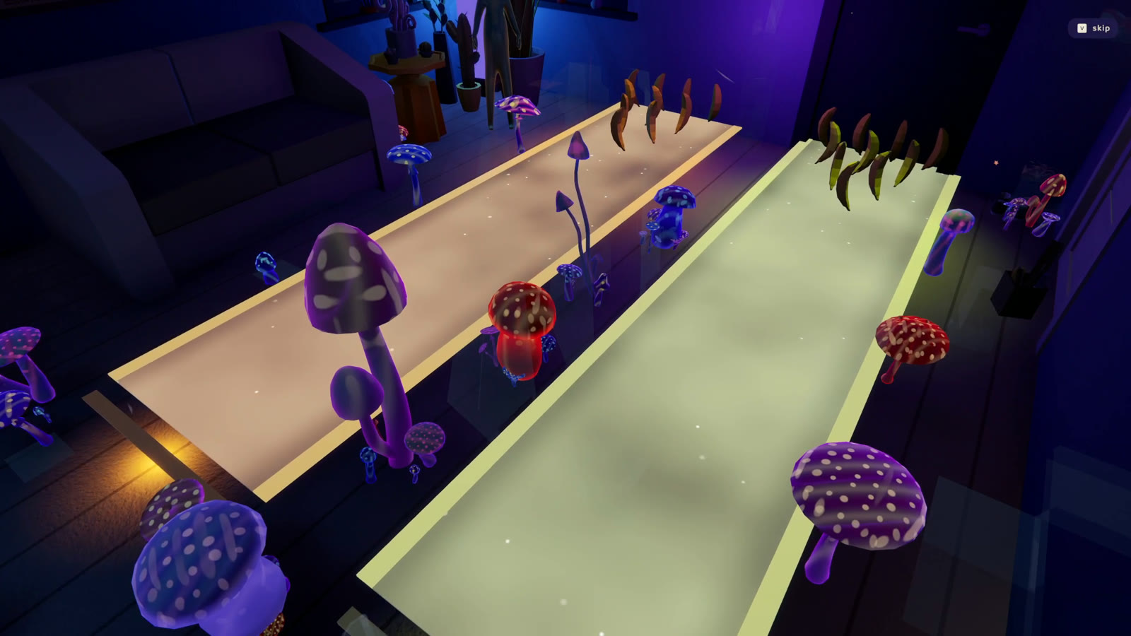Monkey Bowls: two glowing lanes laid across the living room floor, lined with oversized spotted mushrooms