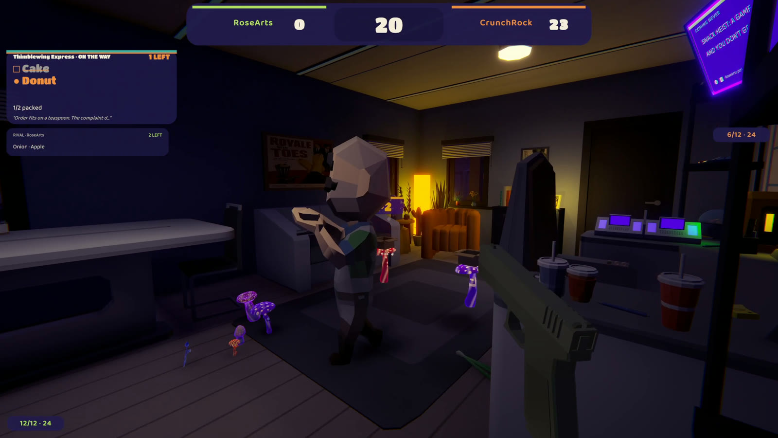 Two players collide in the kitchen, one close to camera while the other raises a pistol