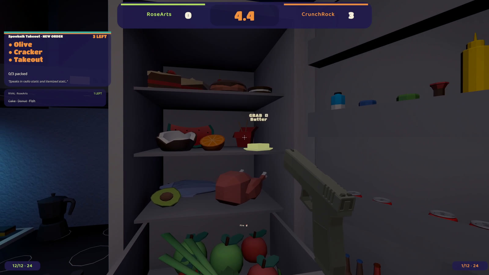 Zlorp Dash: the fridge is open and packed with ingredients while a player searches an order list