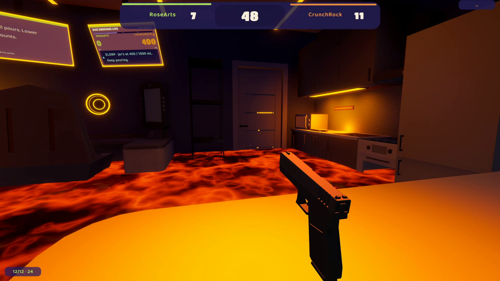 Floor Is Lava: a player looks across the orange molten room from a safe platform