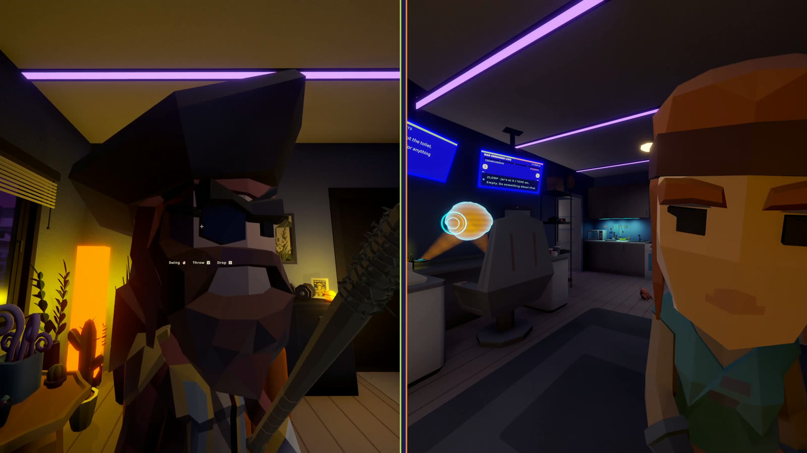 A player raises a bat beside the house fireplace while Zlorp watches