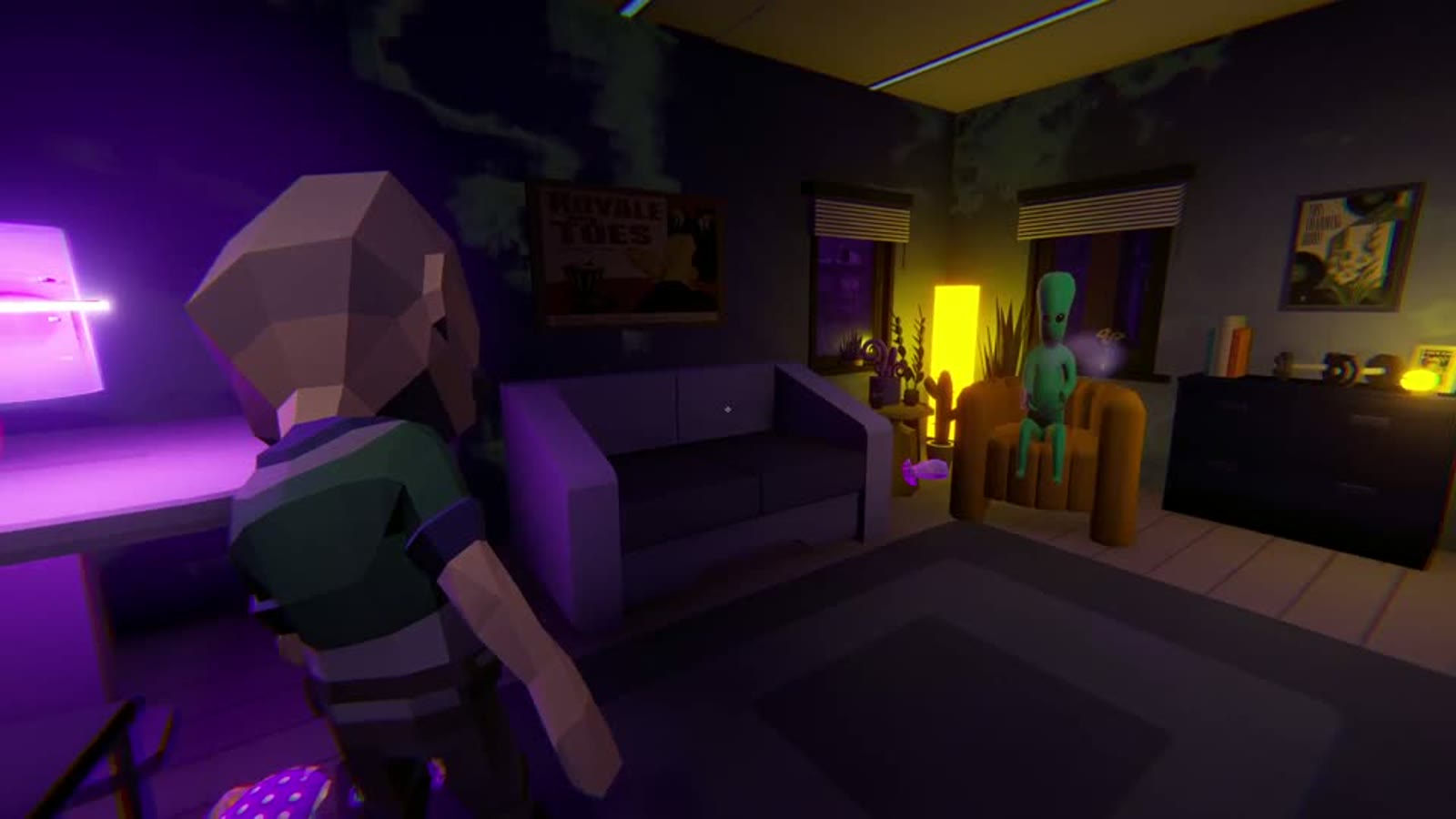 Zlorp sits in an orange armchair under warm lamplight while a player approaches