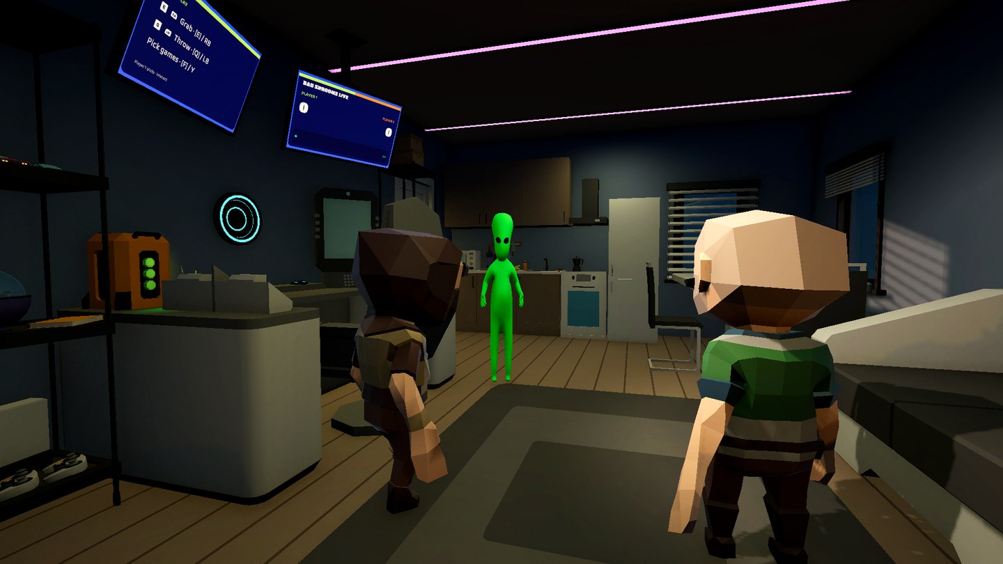 Two players stand in the dim apartment living room facing Zlorp, a green alien standing in the kitchen doorway. Ceiling-mounted TVs show the control hints and the Bad Shrooms Live scoreboard.