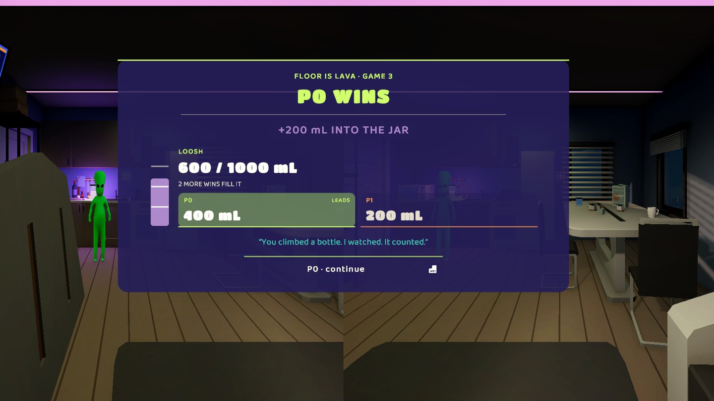 The end-of-round debrief card: Floor Is Lava, Game 3, P0 wins, plus 200 millilitres into the jar. The jar reads 600 of 1000 millilitres with two more wins to fill it. Zlorp's line underneath reads: You climbed a bottle. I watched. It counted.