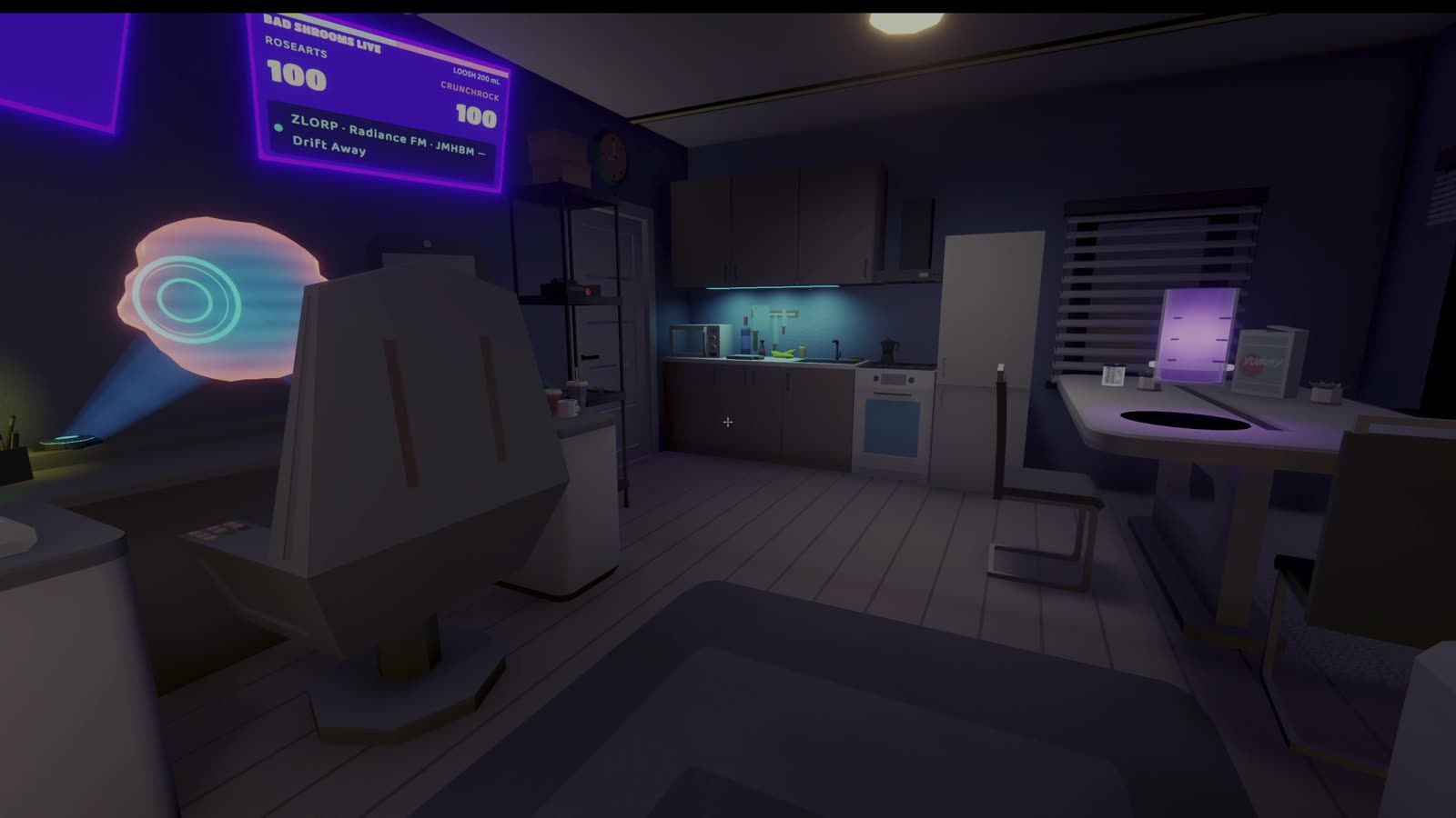 The apartment kitchen at night lit by teal and magenta ceiling strips, with counter, oven, fridge and dining table