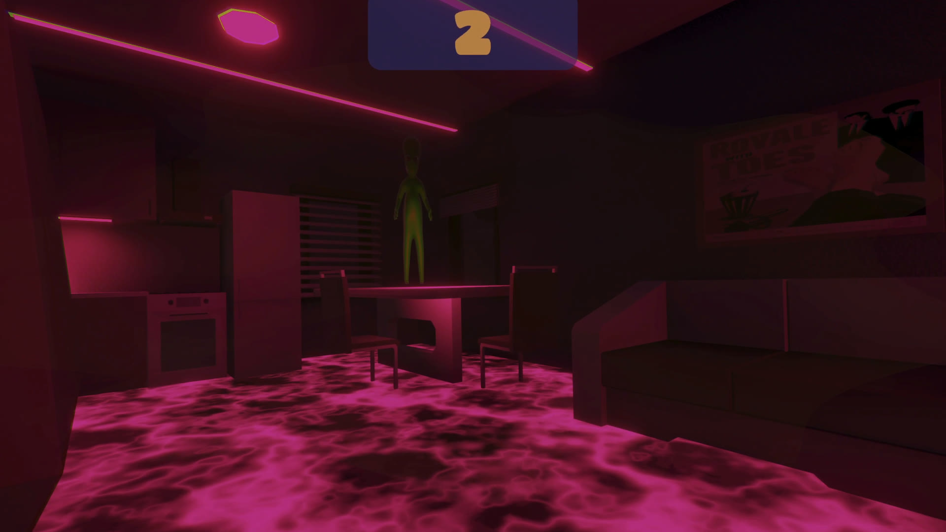 Split-screen Floor Is Lava at the final boil: the whole apartment floor is churning lava lit yellow and orange, both players holding pistols, a banner reading Final Boil — every second is worth 3