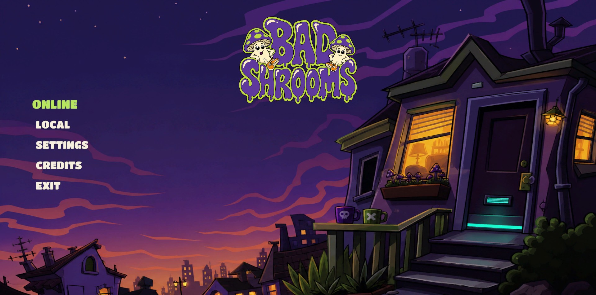 The Bad Shrooms title screen: a painted purple dusk street, the game's logo in dripping letters, and a menu reading Online, Local, Settings, Credits, Exit