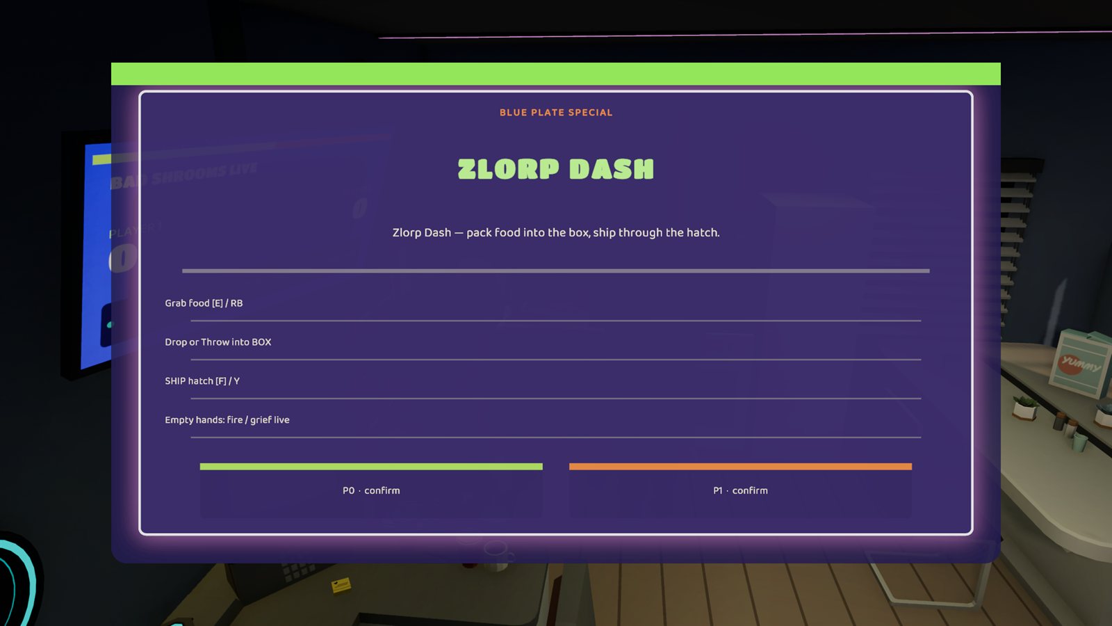 The Zlorp Dash briefing card, headed Blue Plate Special, listing the controls: grab food, drop or throw into box, ship the hatch