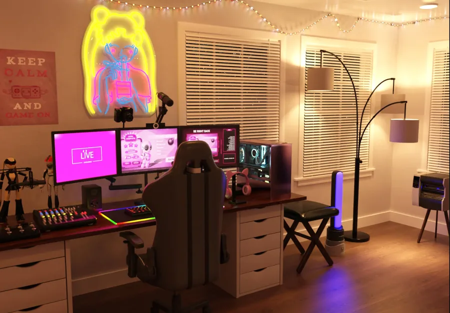 Photorealistic streamer bedroom interior with RGB desk lighting, monitors and neon wall sign