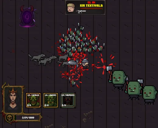 Dense goblin horde being cut down with red hit-spray particles and a glowing portal nearby