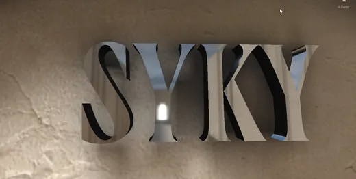 SYKY logo rendered as carved dimensional letters on a textured wall