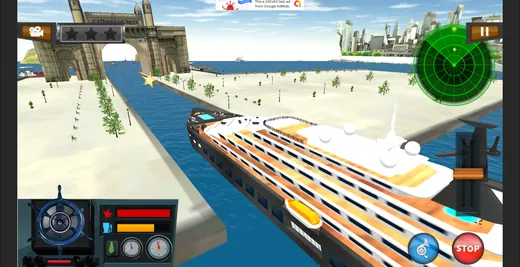 Cruise ship navigating a canal seen from the bridge with radar and control HUD overlaid