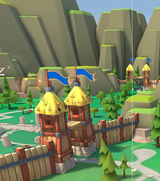 Stylised low-poly medieval territory with timber keeps, blue banners, pine forest and mountain backdrop