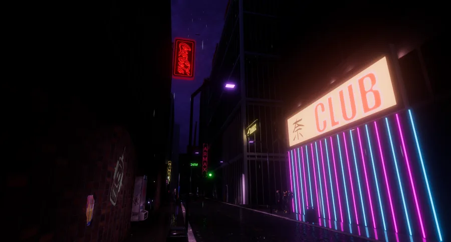 Cyberpunk street with vertical neon CLUB sign in magenta and cyan, dark rain-slick road