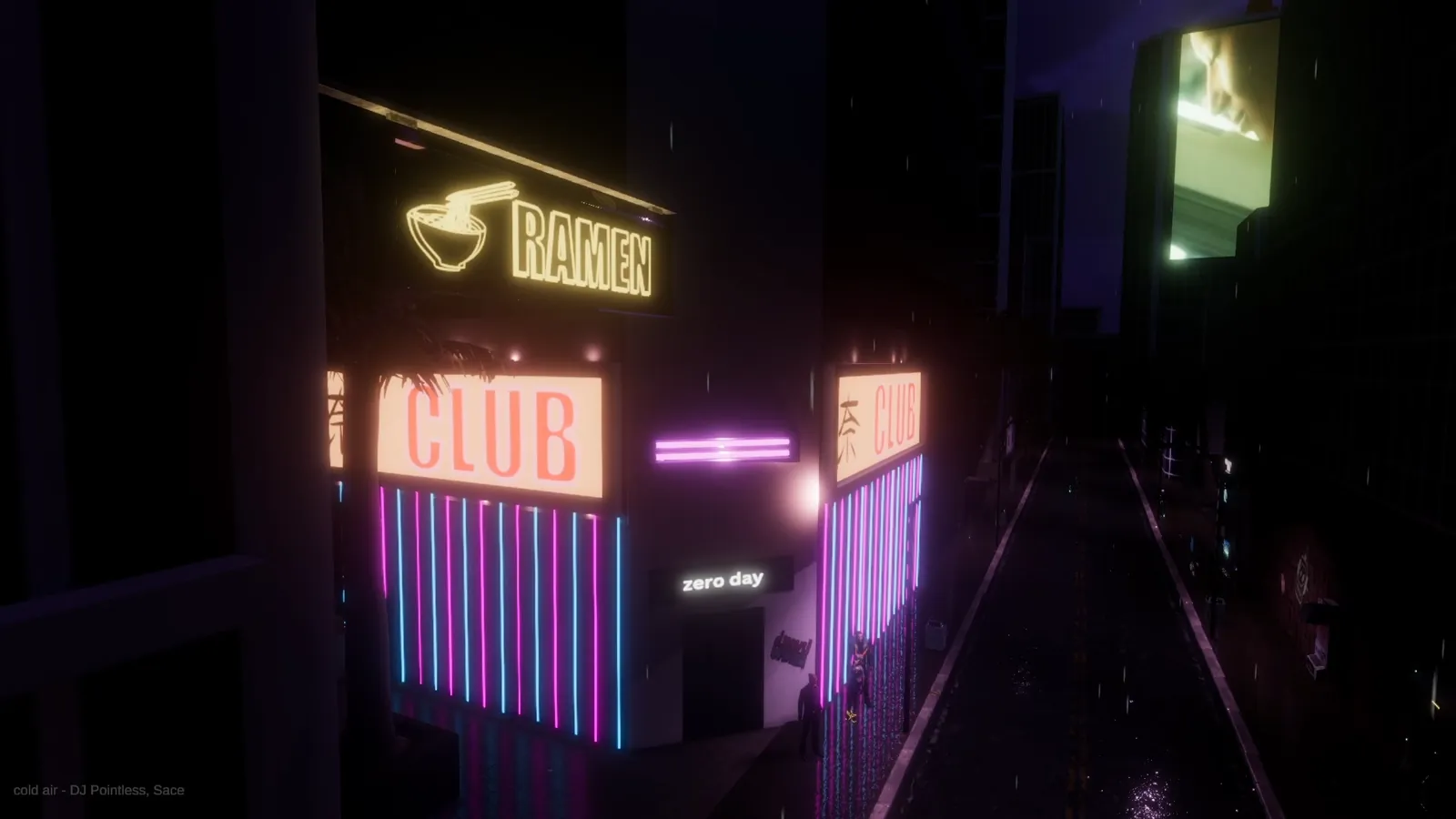 Neon-lit cyberpunk street at night rendered in Unity URP