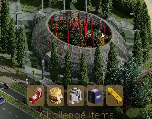 Isometric resort scene with a circular garden pavilion and a Challenge Items bar of objects to find