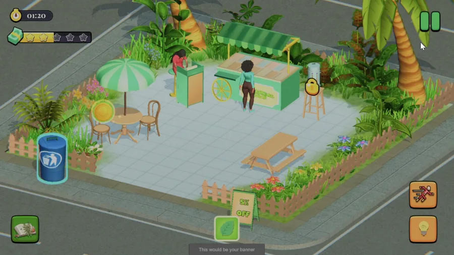 Isometric stylised garden scene with planted beds, patio furniture and a character tending plants