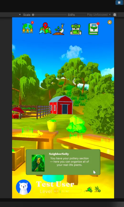 Quest interface overlaid on the isometric garden, listing objectives and rewards