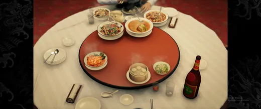Stylized banquet table scene with detailed food props and warm lighting
