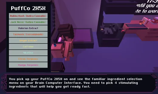 Cyberpunk brain-computer-interface menu listing selectable ingredients over a neon interior