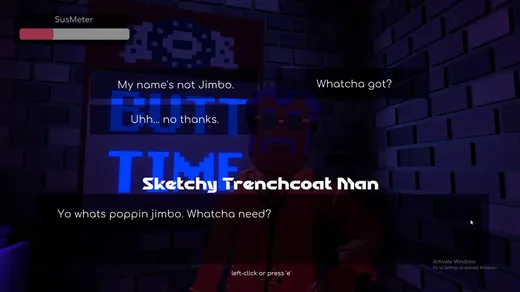 Dialogue scene with a character introduction card and branching conversation text
