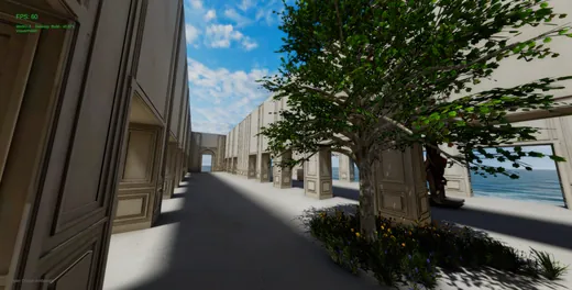 White gallery corridor with a mature tree growing in the walkway under open sky