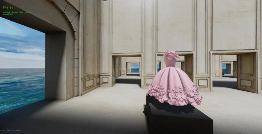 Voluminous pink ruffled gown displayed on a black pedestal in a bright gallery overlooking the sea