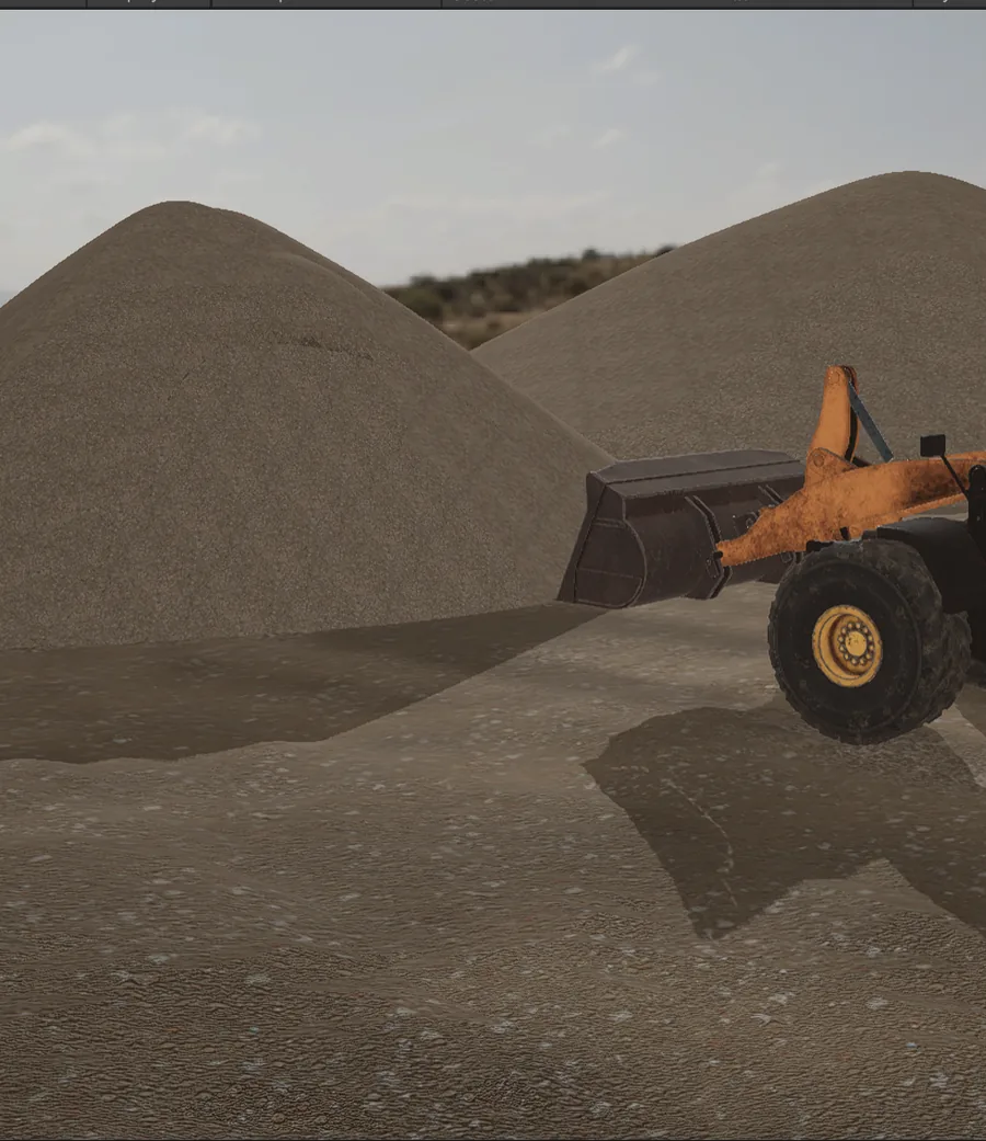 Excavator working a sand dune in a browser-based industrial training simulation
